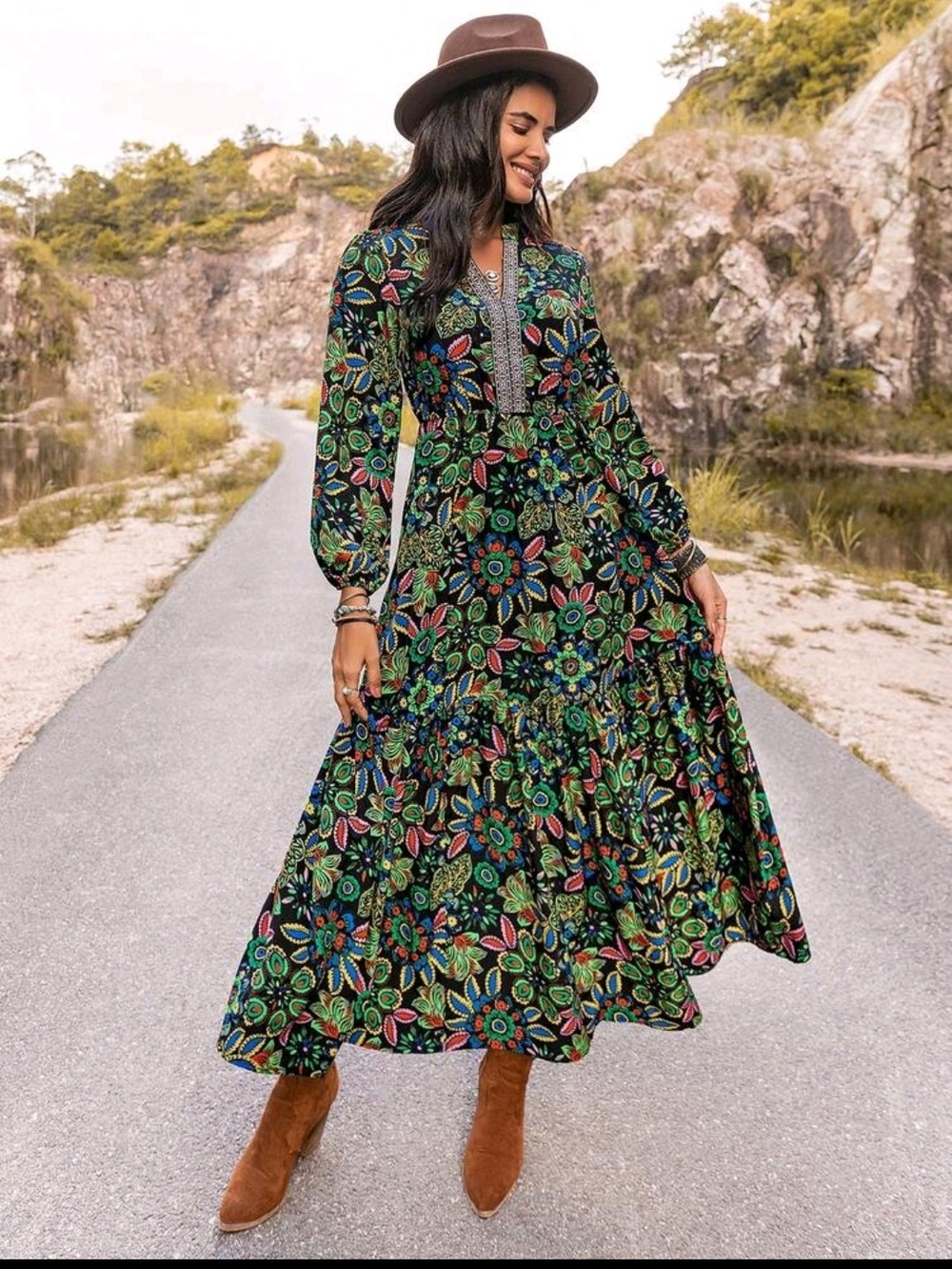 Bohemian Floral Maxi Dress - Black with Multicolor Floral - Picture 3 of 14